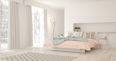 White stylish minimalist bedroom in hight resolution. Scandinavian interior design. 3D illustration
