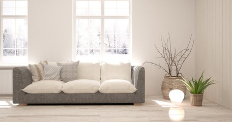 White stylish minimalist room with sofa and winter landscape in window. Scandinavian interior design. 3D illustration