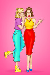 Women gossips pop art vector. Two young ladies telling rumors, sharing shocking news, whispering secrets on ear, giving wink, pointing with finger on some thing illustration. Unbelievable sale concept