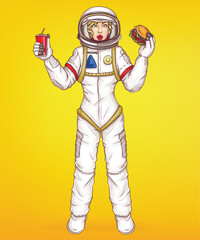Vector pop art surprised astronaut woman in space suit holds burger and cup. Cartoon character in helmet, uniform with fast food isolated on yellow background. Blonde girl, spacewoman for ad poster.