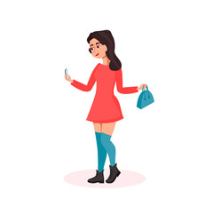 Walking girl using mobile phone. Social communication concept. Using for taking selfie, video call. Cartoon character illustration