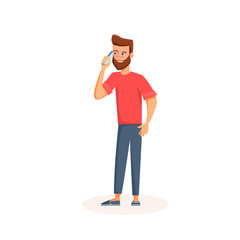 Young man talking on a phone with smiling face. Cartoon character using smartphone. Isolated on white background