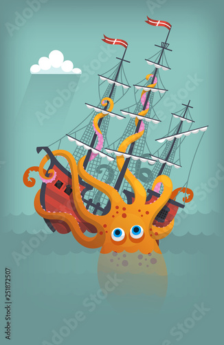Giant Squid Breaking And Sinking Ship In An Ocean Colorful