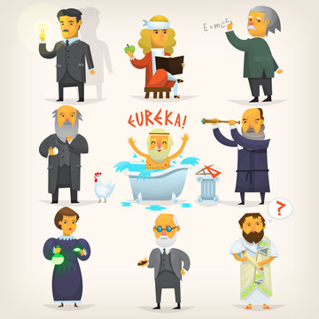 Portraits of famous scientists characters. Isolated vector illustrations.