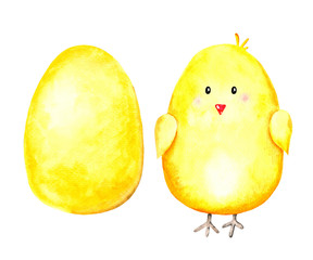 Watercolor yellow easter set with egg and cute chick. On white background. Illustration.