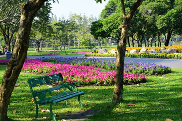 Spring Formal Garden. Beautiful garden of colorful flowers.Landscaped Formal Garden. Park. Beautiful Garden - obrazy, fototapety, plakaty