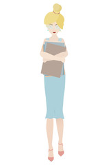 Beautiful teacher with a pack of documents in a blue long dress. Vector illustration. - 251874793