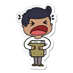 sticker of a cartoon shouting man with book