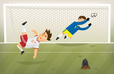 Fototapeta premium Football player scoring goal on a green soccer field. Vector illustration