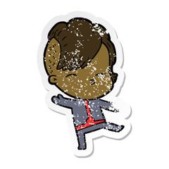 distressed sticker of a cartoon girl wearing futuristic clothes