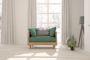 White stylish minimalist room with armchair and winter landscape in window. Scandinavian interior design. 3D illustration
