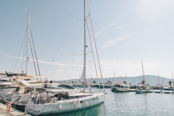 Fototapeta na wymiar yachts in montenegro bay. mountains on background