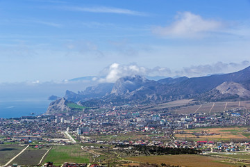The tops of the mountains are covered with clouds. Crimea.