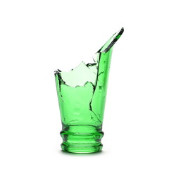 Glass shards, broken bottle of beer isolated on white background