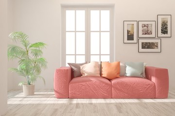 White stylish minimalist room with coral sofa. Scandinavian interior design. 3D illustration