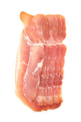 Slices of prosciutto ham, top view, isolated on white background