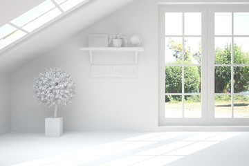 White stylish empty room with summer landscape in window. Scandinavian interior design. 3D illustration