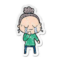 distressed sticker of a cartoon old woman crying