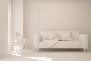 Stylish minimalist room with sofa in white color. Scandinavian interior design. 3D illustration