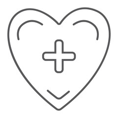 Heart with cross thin line icon, medicine and cardiology, health care sign, vector graphics, a linear pattern on a white background.