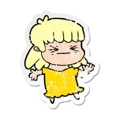 distressed sticker of a cartoon angry girl