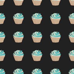 Sweet cupcake vector seamless pattern.Sweets on a dark background.