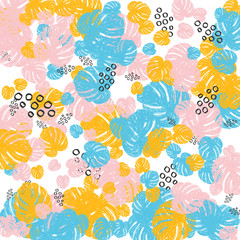 Obraz na płótnie Canvas Tropical background with monstera leaves in pastel colors. Blue, pink and yellow leaves.