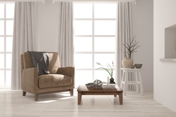 White cozy minimalist room with armchair. Scandinavian interior design. 3D illustration