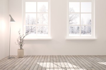 Fototapeta na wymiar White stylish empty room with winter landscape in window. Scandinavian interior design. 3D illustration