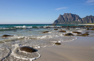 Uttakleiv beach and the mountains in Lofoten islands in Norway