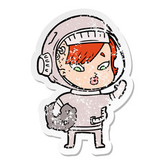 distressed sticker of a cartoon astronaut woman