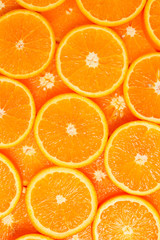 Slices of oranges as a background, top view.