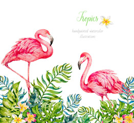 Flamingo in tropical leaves. Watercolor illustrations. Paradis