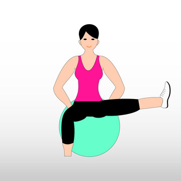 Beautiful young woman doing exercises with ball at home. Girl exercising fitness training. Vector flat illustration.