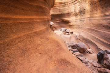 Scenic limestone canyon, Barranco de las Vacas in Gran Canaria, Canary islands Spain .