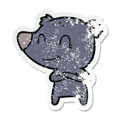distressed sticker of a smiling bear cartoon