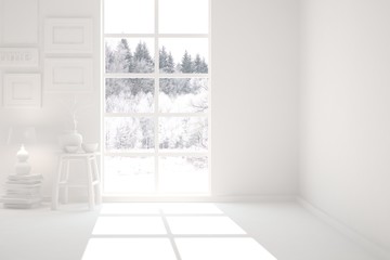 Fototapeta na wymiar White stylish empty room with winter landscape in window. Scandinavian interior design. 3D illustration