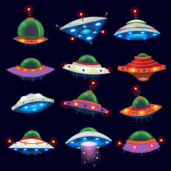 Set of colorful alien space ships in the sky. Isolated vector illustrations