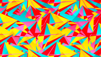Abstract card with colorful chaotic triangles, polygons. Infinity triangular messy geometric poster. Vector illustration.      