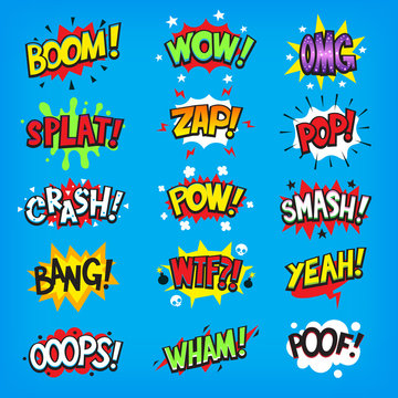 Set of colorful comic speech bubbles with sounds. Isolated vector illustrations