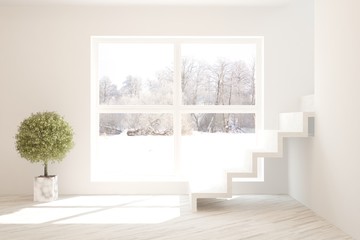 White stylish empty room with stair and winter landscape in window. Scandinavian interior design. 3D illustration
