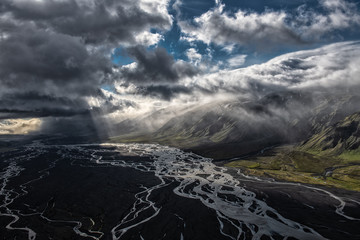 Landmannalaugar storm aerial in Iceland in summer