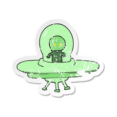 retro distressed sticker of a cartoon alien in flying saucer
