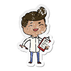 distressed sticker of a cartoon laughing salesman