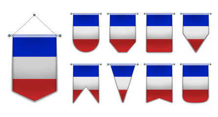 Set of hanging flags of the FRANCE with textile texture. Diversity shapes of the national flag country. Vertical Template Pennant for background, banner, web site, logo,award, achievement, festival.