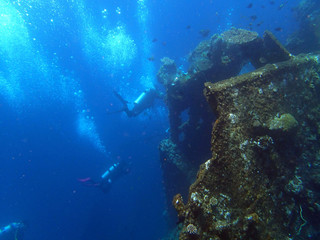 Fototapeta na wymiar shipwreck USS Liberty with many diver bubbles - Bali Indonesia Asia