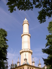 Fototapeta na wymiar Minaret in the Lednice Valtice area, top part, in sunlight, Czech Republic