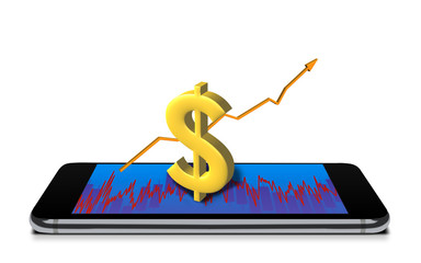 Finance on mobile phone with US Dollar and yellow arrow up