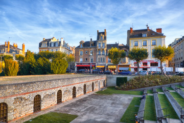 Warmly illuminated Forum square in Reims, France