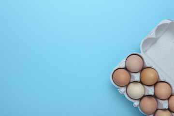 Fresh chicken eggs background. Top view with copy space. Overhead view of brown chicken eggs in an open egg carton isolated on blue. Natural healthy food and organic farming concept. Eggs in box